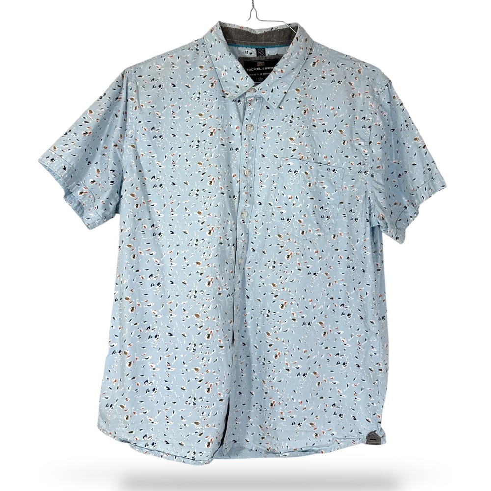 Nickel & Iron Mens Large Short Sleeve Button Down Shirt Blue Fish Print Cotton